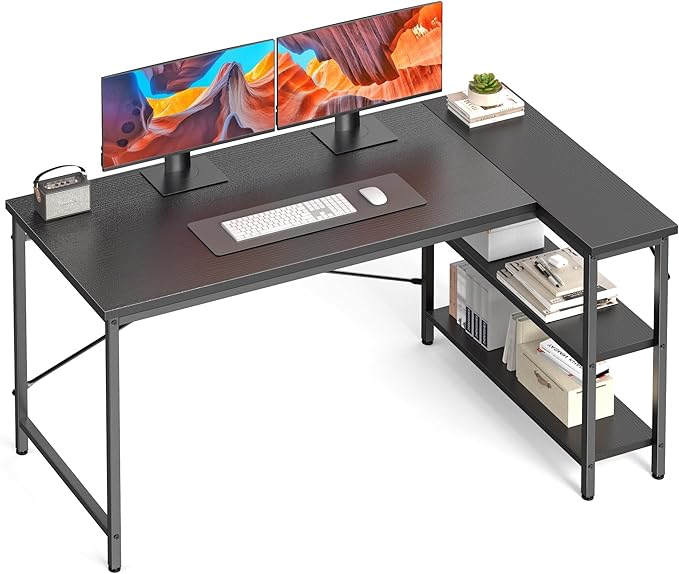 DUMOS L Shaped Desk 55 Inch Computer Desk Gaming Furniture Corner Desks Home Office PC Table with Reversible Storage Shelves for Writing Working Study Bedroom Dorm, Black