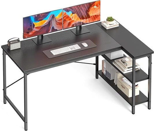 DUMOS L Shaped Desk 55 Inch Computer Desk Gaming Furniture Corner Desks Home Office PC Table with Reversible Storage Shelves for Writing Working Study Bedroom Dorm, Black