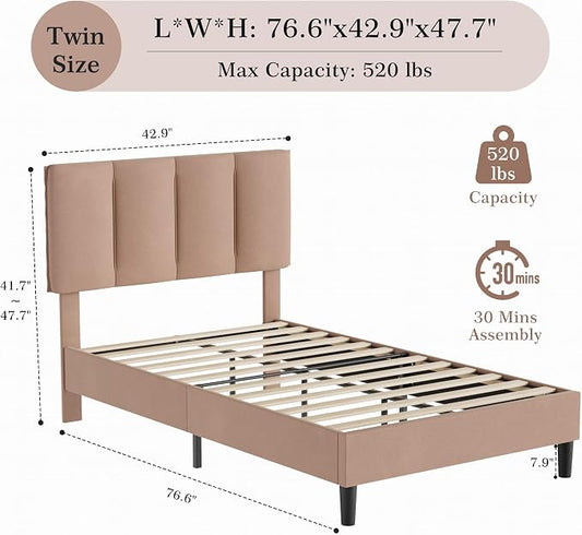 VECELO Twin Size Bed Frame with Upholstered Headboard, Heavy-Duty Bedframe with Wooden Slats & Steel Framework, Easy Assembly, Coffee
