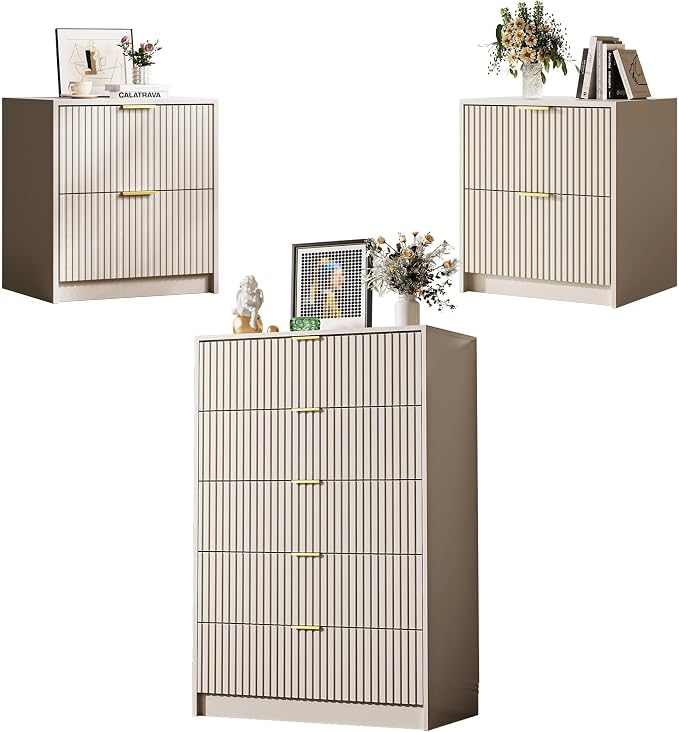 MAISONARIA 3-Piece Dresser Bedroom Set, 5 Drawer Dresser & 2 Drawer Nightstands with Gold Handles, Fluted Wood Chest of Drawers for Bedroom, Living Room, Entryway, Beige