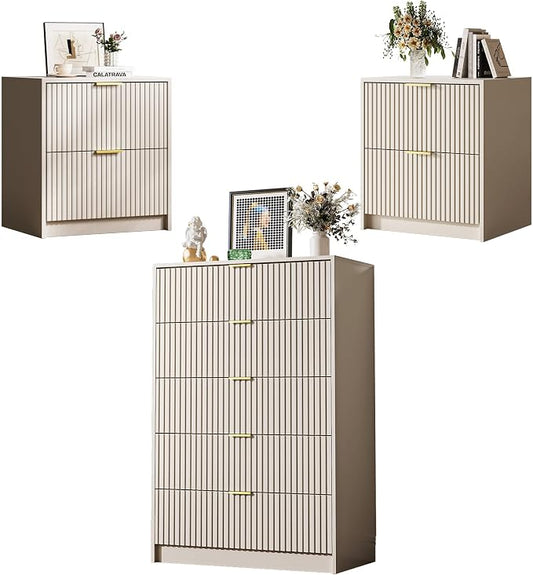 MAISONARIA 3-Piece Dresser Bedroom Set, 5 Drawer Dresser & 2 Drawer Nightstands with Gold Handles, Fluted Wood Chest of Drawers for Bedroom, Living Room, Entryway, Beige