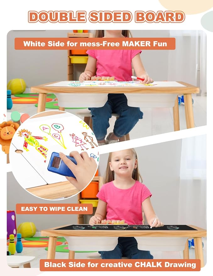 Kids Sensory Table, Sensory Activity Table with Double-Side Board & 3 Storage Bins, Toddler Play Sand Table Indoor Outdoor Use to Play Study Dining Toys Storage Boys Gilrs