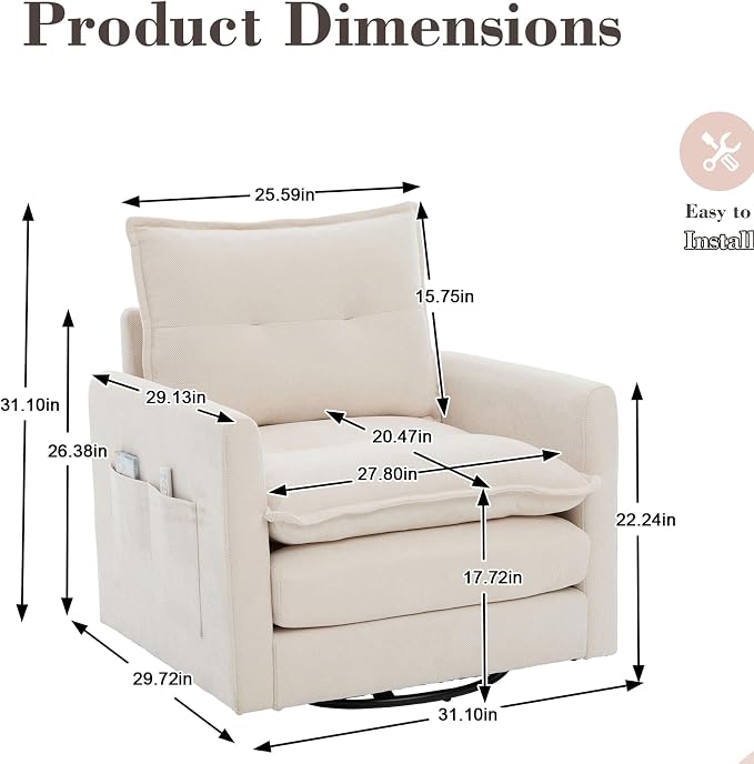 Swivel Accent Chair Set of 2, Modern Swivel Barrel Chair for Living Room, 360 Degree Comfy Square Accent Barrel Chair, Upholstered Sofa Armchair for Bedroom,Reading, Chenille, Beige