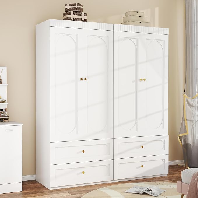 Wooden Wardrobe Closet with Doors: 75" Tall White Armoire Wardrobe Closet with 4 Drawers and 4 Doors, Modern Clothes Cabinets for Bedroom Armoires with Hanging Rod (4-Drawers, 63")