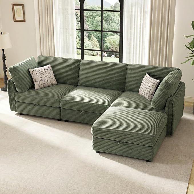 KKL Sectional Couches L-Shaped for Living Room 4 Seater Modular Couch with Storage Ottoman, Plush Wide-Wale Corduroy Couch,Modular Sectional Sofa, Apartment, Modern Design, Green