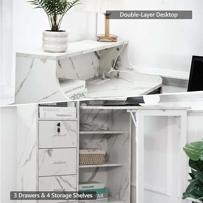 Fold Out Desk with Storage, Hidden Desk with Lockable Drawers & Shelves, Built-in Power Outlet,Folding Desk for Study and Home Office (Marble-Effect White)