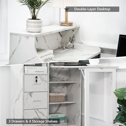 Fold Out Desk with Storage, Hidden Desk with Lockable Drawers & Shelves, Built-in Power Outlet,Folding Desk for Study and Home Office (Marble-Effect White)