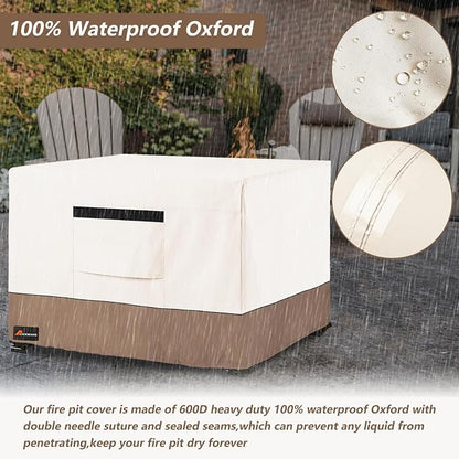 Fire Pit Cover Square, Outdoor Heavy Duty Durable 600D 100% Waterproof Tear-Resistant 42-44 Inch Fire Pit Cover, Patio Fire Pit Table Covers, Beige 44" L x 44" W x 24" H