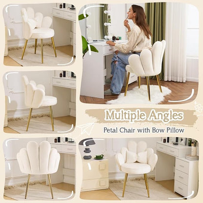 VINGLI Petal Makeup Vanity Chair with Back,Flower Cute Girls Desk Chair Comfy No Wheels,Modern Dining Chair,Small Accent Chair with Adustable Gold Legs&Bow Pillow for Home Office,Bedroom,Velvet,White