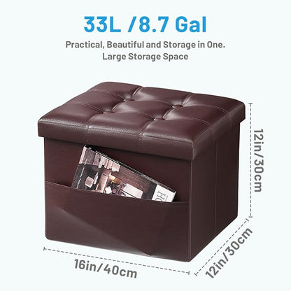 Bsketa Storage Ottoman Foot Rest Stool, Small Leather Storage Ottomans Bench, Folding Footstool with Side Pockets, Foot Rest Under Desk for Living Room Bedroom, 16x12x12 in, Brown 2 Pack