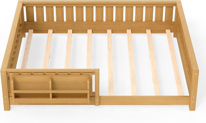 Bellemave Queen Size Montessori Floor Bed with Slats and Fence, Queen Size Montessori Bed with Rails and Bookcase, Easy Assemble Floor Beds Frame,Deep Natural