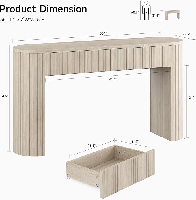 ONBRILL 55 Inch Console Table with 2 Drawers, Entryway Tables with Storage, Sofa Table Behind The Couch, Hallway Tables, Natural White