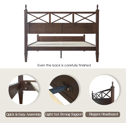 King Size Solid Wood Platform Bed Frame with Headboard & Footboard, 12 Durable Slatted Base with Metal Legs, Easy Assembly, Slip-Free & Anti-Noise, No Box Spring Needed, Dark Roast Oak Finish RIK-32
