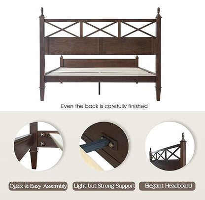 King Size Solid Wood Platform Bed Frame with Headboard & Footboard, 12 Durable Slatted Base with Metal Legs, Easy Assembly, Slip-Free & Anti-Noise, No Box Spring Needed, Dark Roast Oak Finish RIK-32
