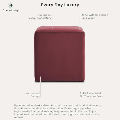 Studio Living® 18” Warren Ottoman Square Soft Velvet Bench, Stationary Ottomans, Backless Chair, Footrest for Living Room, Footstool Office, Bedroom, Padded Seat, Plum