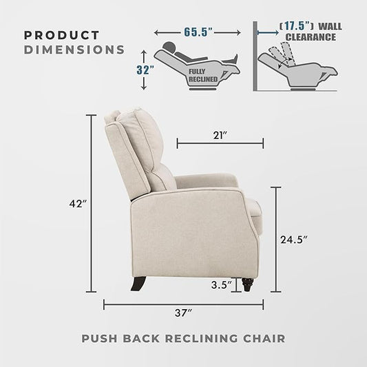 Lexicon Push Back Recliner Chair, Manual Accent Recliner with Track Arms & Bun Feet, Deep Cushioned Comfort, Modern Fabric Reclining Armchair for Living Room, Bedroom & Office, 29.5" W - Beige