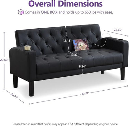 TYBOATLE 62" W Loveseat Sofa w/ 2 USB Charger Ports and 2 Cupholders, Mid-Century Modern Tufted Black Leather Small Love Seat Couches for Compact Living Room, Office, Bedroom, Apartment, Dorm