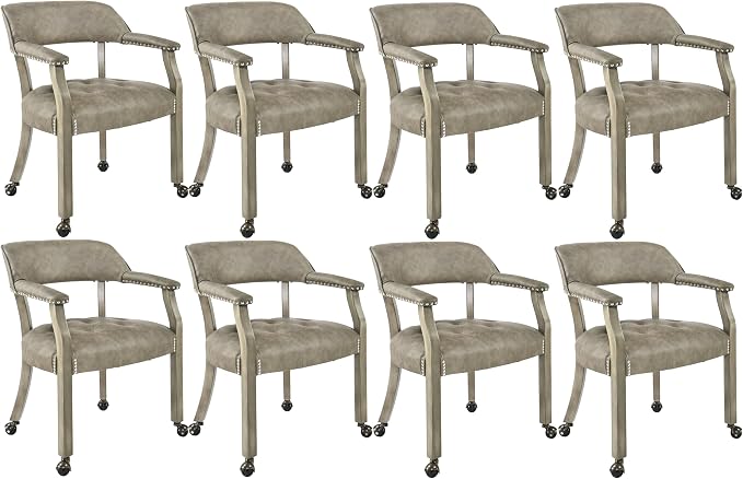 LEEMTORIG Set of 8 Dining Chairs with Casters and Arms, Large Rolling Dining Chairs with Wheels, Accent Poker Chairs, Solid Wood Boss Caption's Chairs, 26" D x 25.2" W x 31.5" H, Soft Grey SY-1318-UA