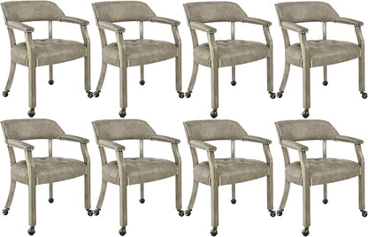 LEEMTORIG Set of 8 Dining Chairs with Casters and Arms, Large Rolling Dining Chairs with Wheels, Accent Poker Chairs, Solid Wood Boss Caption's Chairs, 26" D x 25.2" W x 31.5" H, Soft Grey SY-1318-UA