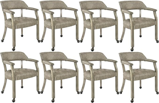 LEEMTORIG Set of 8 Dining Chairs with Casters and Arms, Large Rolling Dining Chairs with Wheels, Accent Poker Chairs, Solid Wood Boss Caption's Chairs, 26" D x 25.2" W x 31.5" H, Soft Grey SY-1318-UA