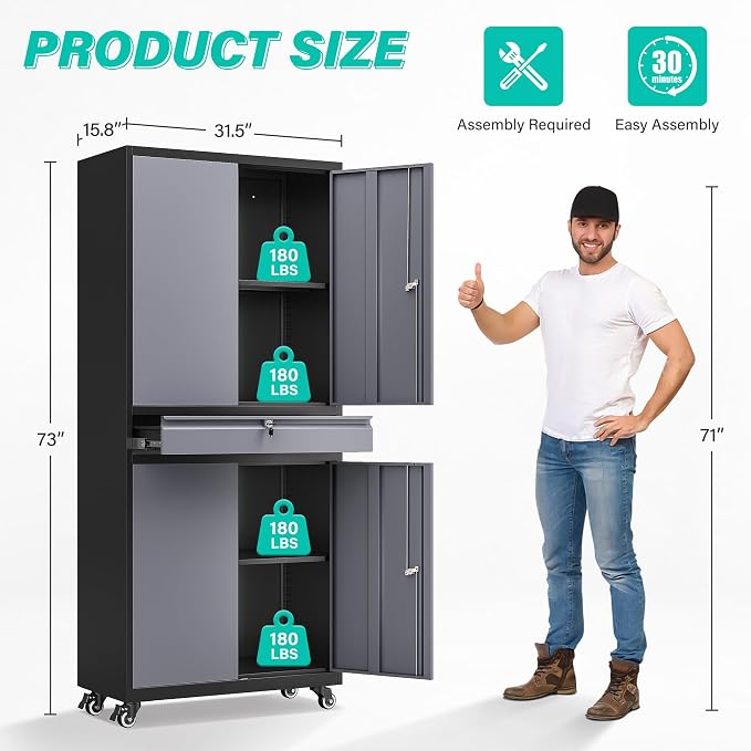 Metal Garage Storage Cabinet with Wheels and Drawer,Gray Rolling Garage Cabinet with Locking Doors and Adjustable Shelves,73" Tall Mobile Metal Storage Cabinets on Wheels for Home,Office,Garages,Tool