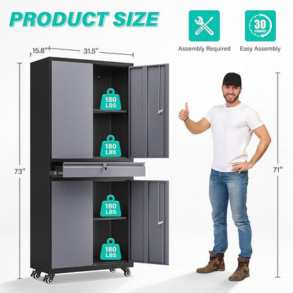 Metal Garage Storage Cabinet with Wheels and Drawer,Gray Rolling Garage Cabinet with Locking Doors and Adjustable Shelves,73" Tall Mobile Metal Storage Cabinets on Wheels for Home,Office,Garages,Tool