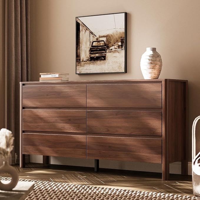 MAISONARIA Walnut 3-Piece Dresser Bedroom Set, 6 Drawers Dresser & 3 Drawer Nightstands with Hidden Handles, Wood Chest of Drawers for Bedroom, Living Room, Entryway