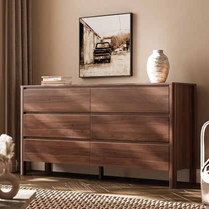 MAISONARIA Walnut 3-Piece Dresser Bedroom Set, 6 Drawers Dresser & 3 Drawer Nightstands with Hidden Handles, Wood Chest of Drawers for Bedroom, Living Room, Entryway