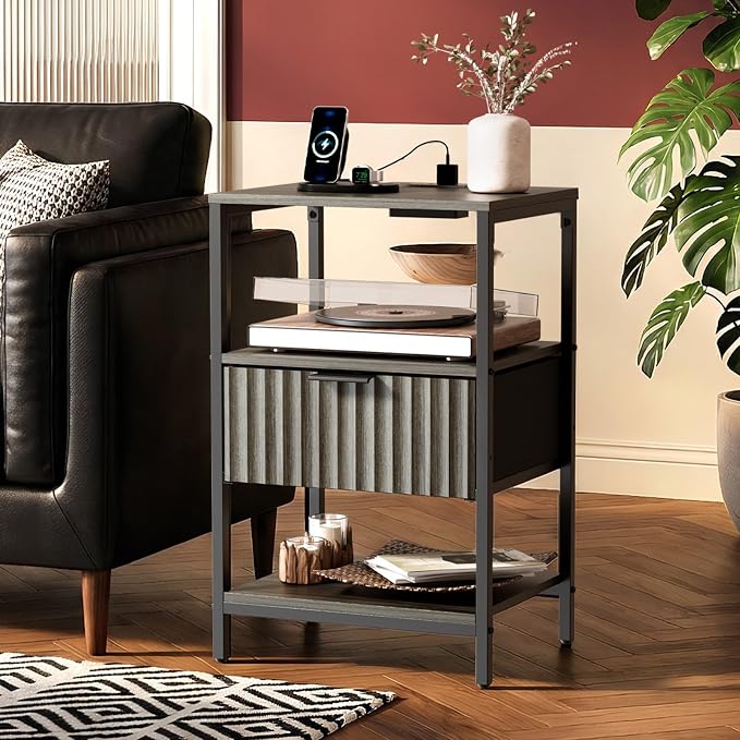 VINGLI Grey Night Stand with Charging Station and Fabric Drawer, Fluted Nightstand, Gray Nightstand with Drawer, Bed Side Table/End Table for Bedroom, Dorm, 14.96" W*11.81" D*23.7" H, 1 pc