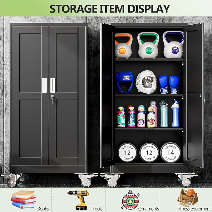Metal Garage Storage Cabinet, 61”Tall Rolling Utility Cabinet Black | storage system with Wheels, Lock, 3 Adjustable Shelves, Heavy Duty Steel Tool Locker for Home Office, Utility Room, Gym