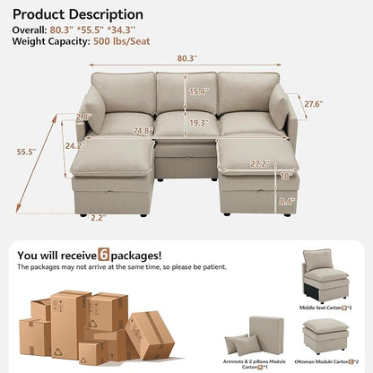 80" Beige Faux Leather Storage 3 Seater Sofa with 2 Ottomans, Comfy Couch | Convertible Modular Sectional Sofa, U Shaped Oversized Couch, Upholstered Large Cloud Couch For Living Room, Apartment.