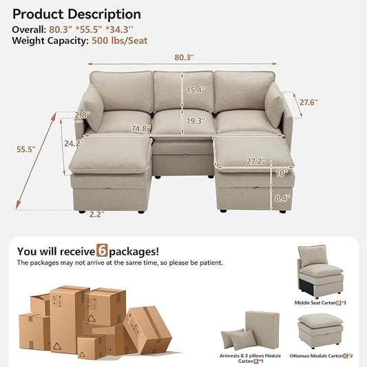 80" Beige Faux Leather Storage 3 Seater Sofa with 2 Ottomans, Comfy Couch | Convertible Modular Sectional Sofa, U Shaped Oversized Couch, Upholstered Large Cloud Couch For Living Room, Apartment.