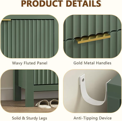 YOMILUVE Fluted Shoe Storage Cabinet with 2 Flip Drawers, Freestanding Shoe Organizer, Hidden Slim Narrow Shoe Rack for Entryway, Hallway, Green