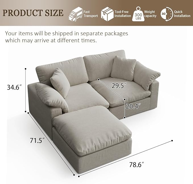 Modular Cloud Sofa,Convertible 3-Seater Set,Extra Deep Seat Down Filled Seat, Washable & Replaceable Cushion Covers for Living Room,Apartment,Light Beige