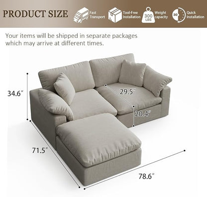 Modular Cloud Sofa,Convertible 3-Seater Set,Extra Deep Seat Down Filled Seat, Washable & Replaceable Cushion Covers for Living Room,Apartment,Light Beige