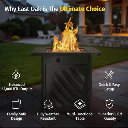 East Oak 28” Outdoor Propane Fire Pit Table | 52,000 BTU Gas Fire Pit for 2-4 People with Space-Saving Hock Lid, Mesh Pocket & Lava Rocks | CSA Certified Safe for Patio, Deck, Backyard, Black
