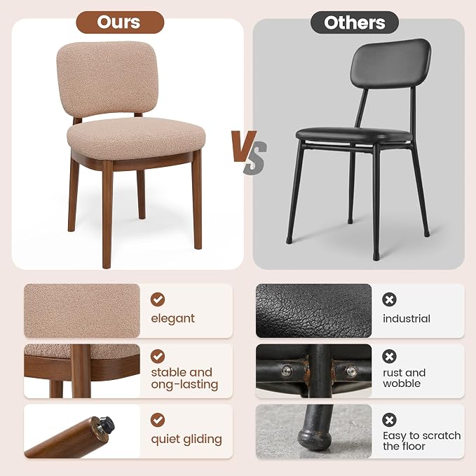Wooden Dining Chairs Set of 6, Boucle Upholstered Kitchen Chairs with Solid Wood Legs, Mid Century Modern Dining Chairs, Farmhouse Side Chair with Hardwood Frame for Dining Room, Khaki