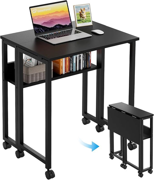 GreenForest Folding Desk with Wheels, 31.5 Inch Compact Rolling Computer Table with Storage Shelf, Portable Mobile Workstation for Small Spaces, Easy Assembly, Black
