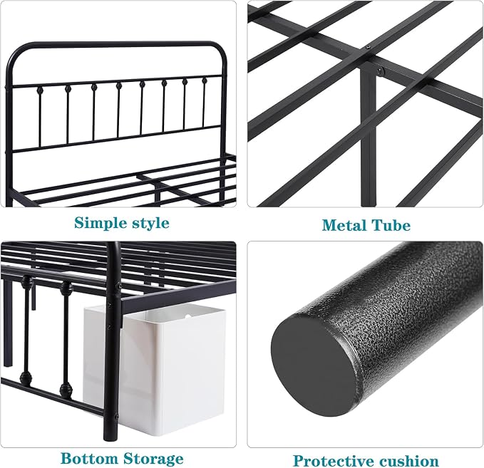 VECELO Black Metal Bed Frame Full Size with Vintage Headboard and Footboard, No Box Spring Needed, Premium Stable Steel Slat Support Mattress Foundation