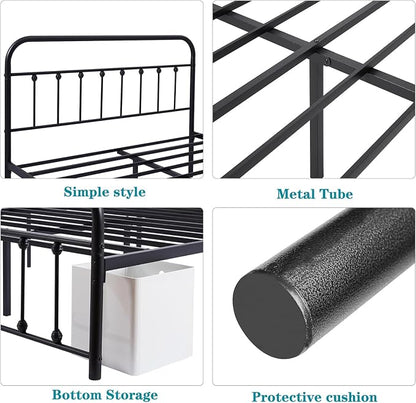 VECELO Black Metal Bed Frame Full Size with Vintage Headboard and Footboard, No Box Spring Needed, Premium Stable Steel Slat Support Mattress Foundation