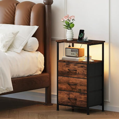 Somdot Tall Nightstand with Charging Station and LED Light for Bedroom, 3 Drawers Dresser with Fabric Bins for Bedside Kids Dorm Room Closet Laundry Entryway, Wood Grain Print