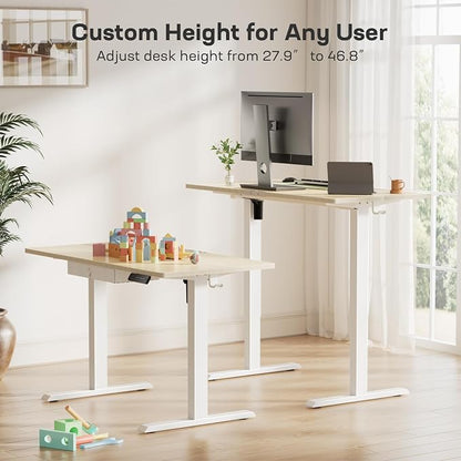 Marsail 48x24 Electric Standing Desk with Drawer, Computer Desk, Sit Stand Office Table with Storage & Hooks & Cable Management, Ergonomic Height Adjustable Table for Home Office, Maple