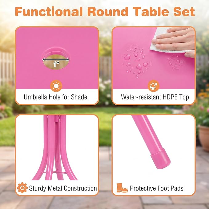 HONEY JOY Kids Picnic Table, Animal Themed Toddler Outdoor Table and Chair Set, 2 Folding Chairs & Removable Umbrella, Children Outdoor Furniture for Backyard Patio Garden (Pink Bee)