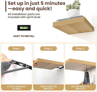 Fun Memories Square Floating Shelves for Wall - 12 Inch Deep Floating Shelves with Invisible Brackets, Oak Small Wall Shelf for Living Room, Bathroom, Bedroom, and Kitchen Decor Set of 4