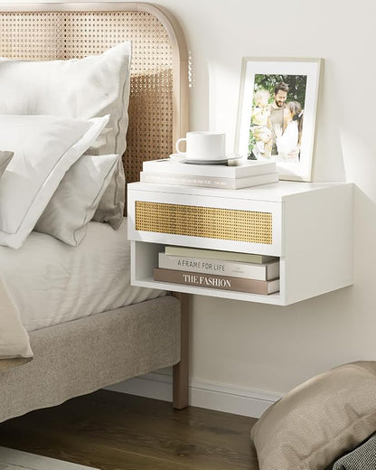 Small Modern Nightstand with Drawer, Floating Shelves for Bedroom, Bathroom (White Rattan)