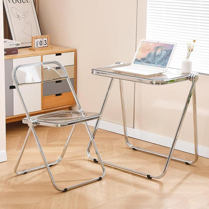 Acrylic Folding Table - Modern TV Tray Dinner Table for Eating on Couch - Small Folding Table Foldable Computer Desks Space-Saving with Chrome Frame No Assembly Required -Gray