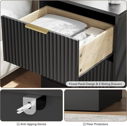 6 Drawer Dresser & Nightstand Set 3-Piece, 55” Wide Bedroom Dresser and Night Stand Set of 2 with Metal Handle, Fluted Modern Wood Chest of Drawers Storage Dressers Set for Bedroom, Black