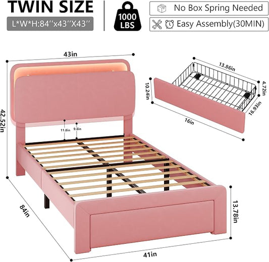 Feonase Twin Upholstered Bed Frame with Storage Drawers and Headboard, Built-in Charging Station, Velvet Platform LED Bed with Solid Wood Slat Support, No Box Spring Needed, for Girls and Kids, Pink
