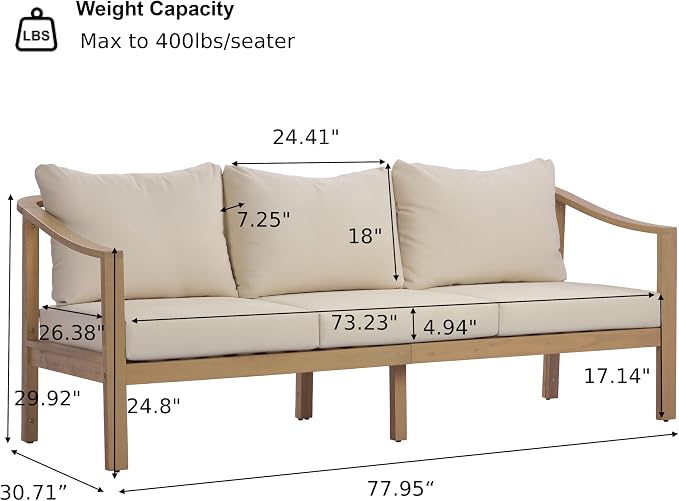 Merax Outdoor 78" Acacia Wood 3-Seater Sofa with All-Weather Coushions | Patio Sofa with Deep Seat for Porch, Lawn, Backyard, Balcony, Teak+ Beige