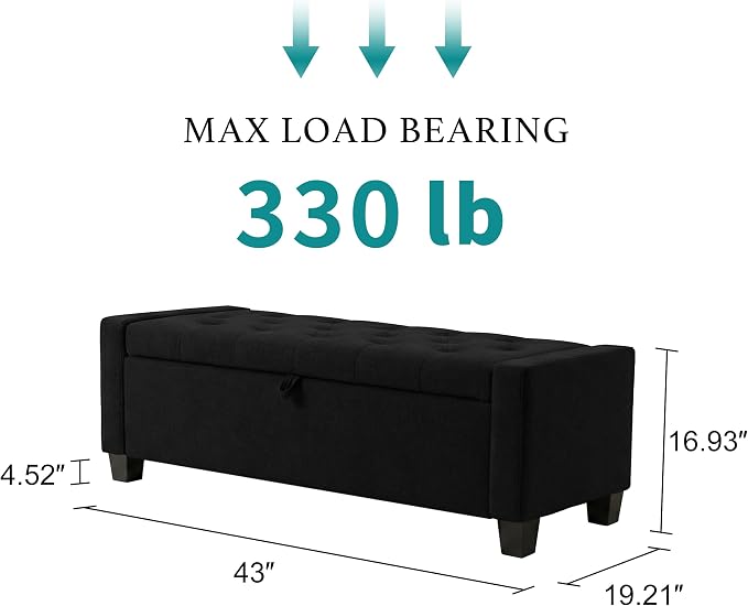 Huatean Home 43" Ottoman with Storage, Black Storage Ottoman Bench with Safety Hinge, Upholstered Entryway Bench with Seating for Bedroom, Living Room, Holds up to 330 lb